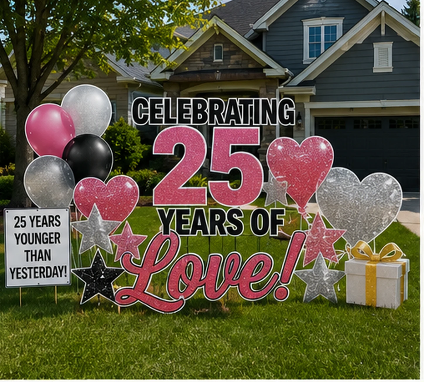 25 Years of Love anniversary yard sign sample setup