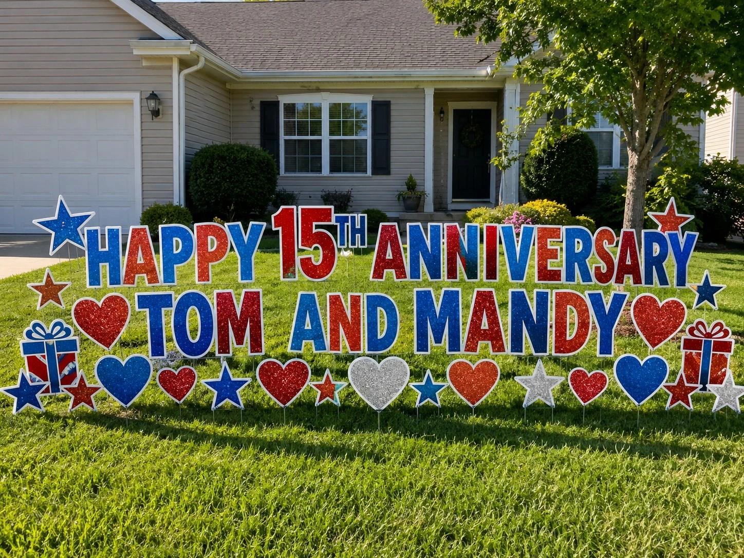 Tom and Mandy 15th Anniversary anniversary yard sign sample setup