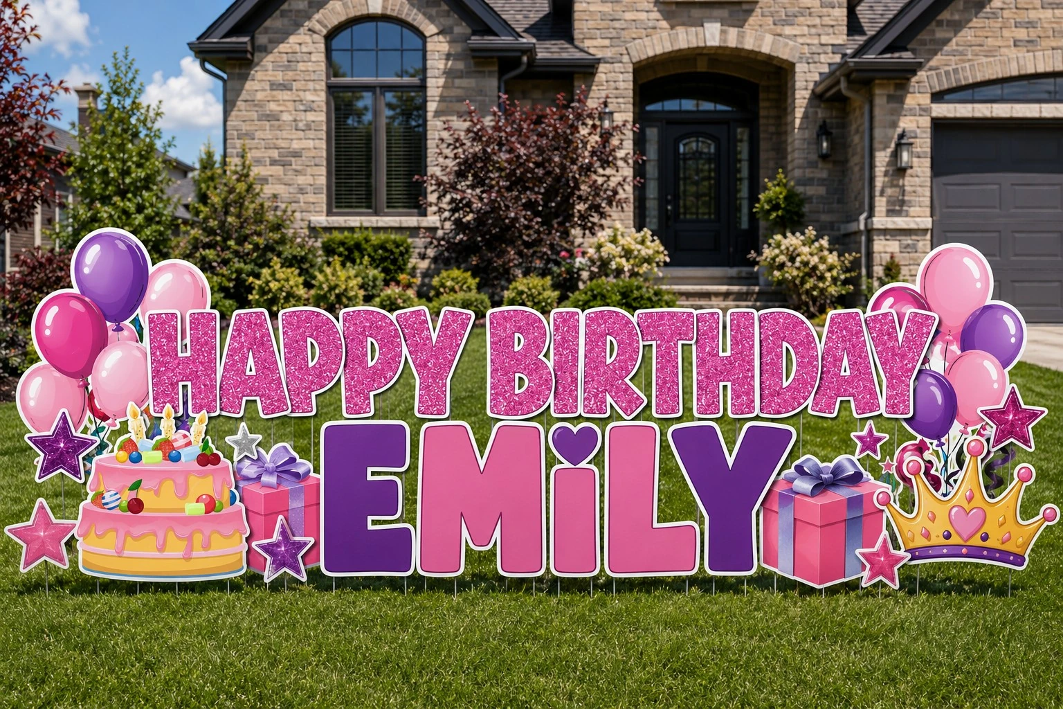 Happy Birthday Emily birthday yard sign sample setup
