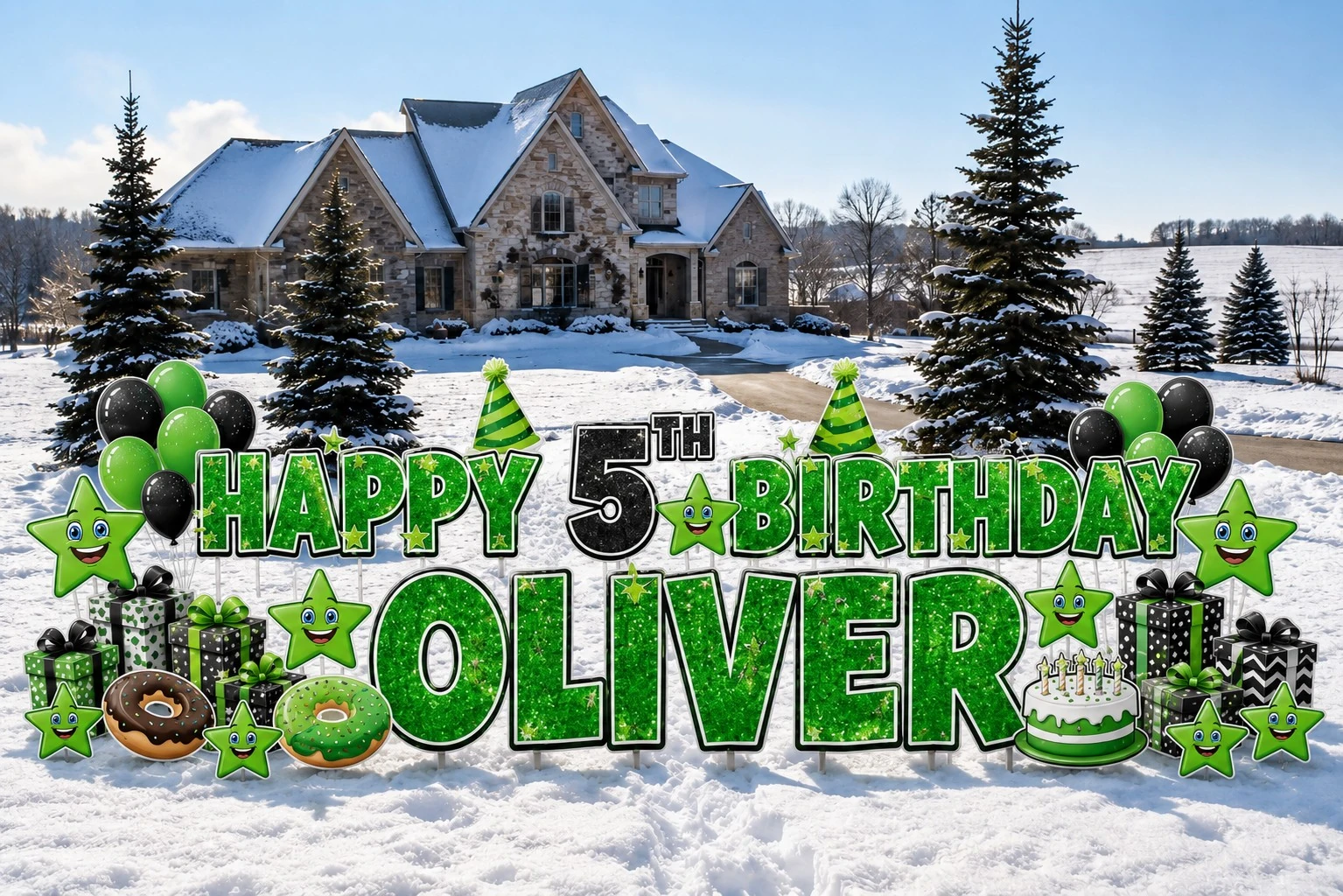 Happy Birthday Oliver 5 birthday yard sign sample setup